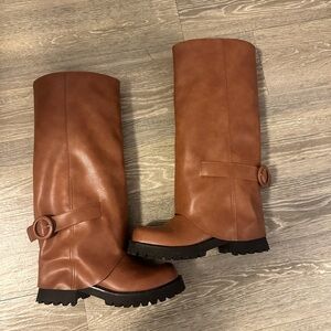 Brown Square Toe Chunky Low Heel Slouchy Motorcycle High Boots